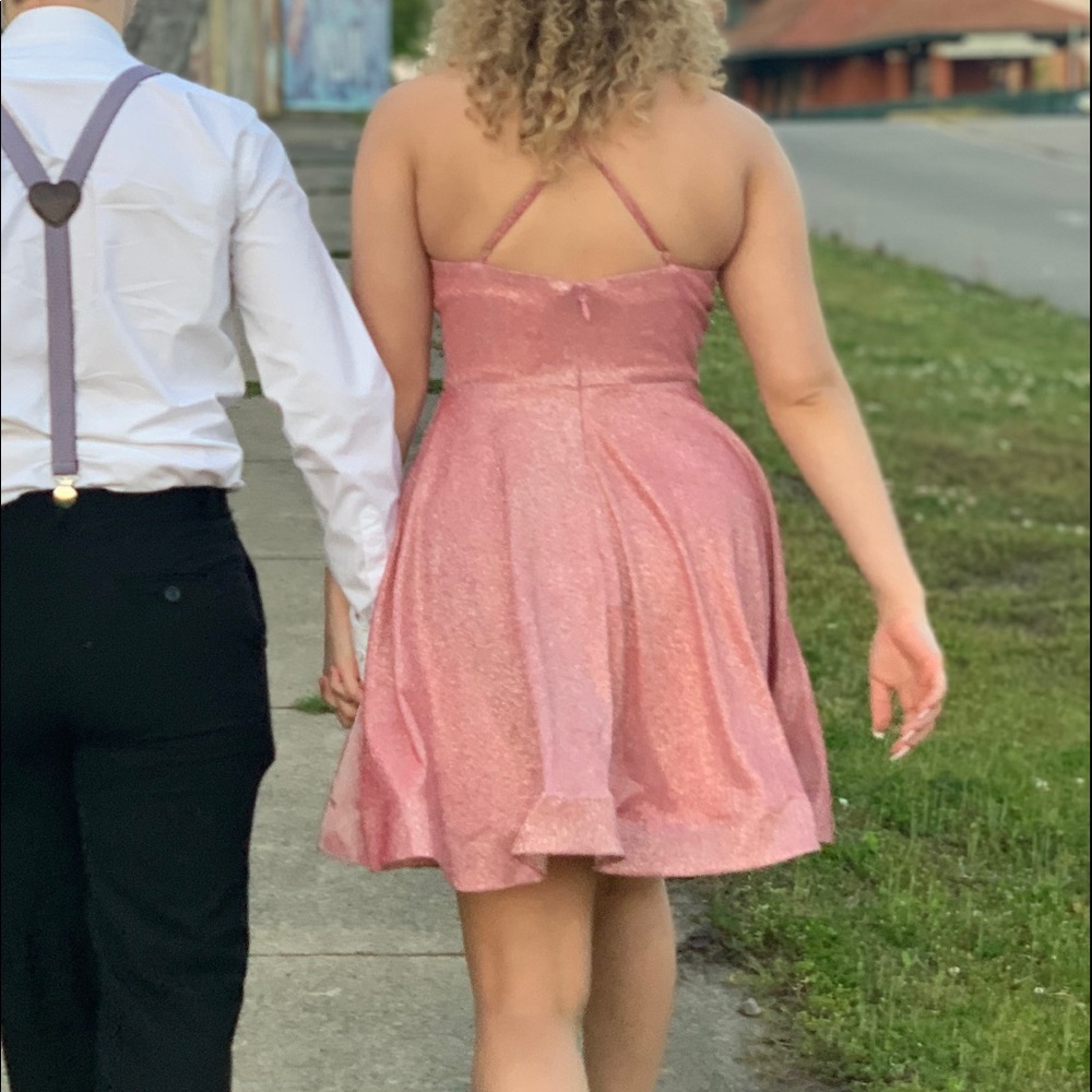 Sparkly, pinky, short, formal dress.
